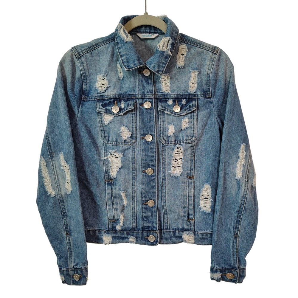 Highway Jeans Denim Jacket Women Small Distressed Blue Button Up Grunge‎